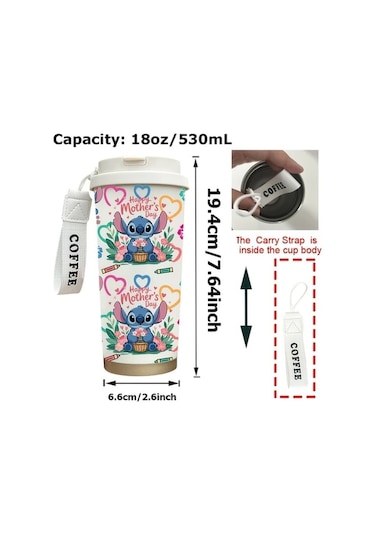 Trendooze Gaojunshop01 Disney Stitch 18oz Çift Katlı Vakumlu Paslanmaz Çelik Termos, Unik Tasarım Pembe Pembe