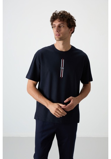 Tommy Life Lacivert Pamuklu Kalın Yüzeyi Dokulu Oversize Fit Baskılı Erkek T-shirt - 88366 Lacivert