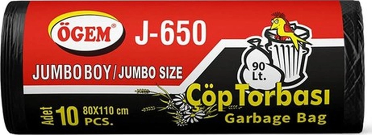 J-650 Jumbo Boy Çöp Torbası 80 X 110 Cm 10 Lu Rulo X 1 Paket 10 Adet Siyah