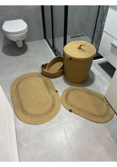 Banyo Takımı Çamaşır Sepeti Banyo Organizer Sepet Paspas Klozet Önü Paspas 5 Li Banyo Seti Kahverengi