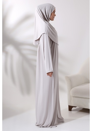 Tek Parça Pratik Başörtülü Robalı Namaz Elbisesi 8015 Taş Rengi 001