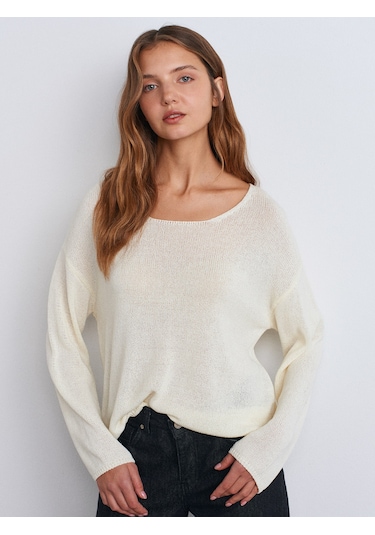 Dilvin 10706 Oval Yaka Yumuşak Dokulu Triko Kazak Ekru