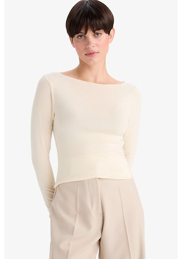 Defacto Modal Kaşmir Yumuşak Dokulu Kayık Yaka Uzun Kollu Üst-fall İn Love F2264ax25auer100 Ekru