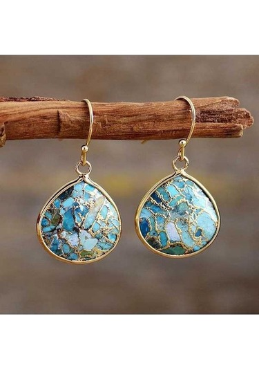 Novahub Altın Blıngbay Bohem Etnik Kolye Küpe, Doğal Mavi Kristal Damla Şekli, High-end Retro Takı, Çok Renkli Kadın Moda Takı Çok Renkli