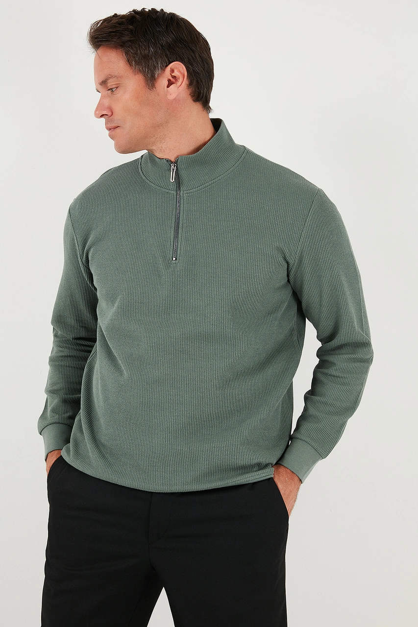 Buratti Pamuklu Regular Fit Yarım Fermuarlı Dik Yaka Erkek Sweat 5905716 Haki