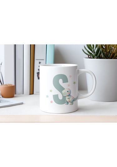 S Harfi Sevimli Dinozor Kupa Bardak - Açık Yeşil Yıldız Detaylı Dino Tasarım - Hediye Beyaz