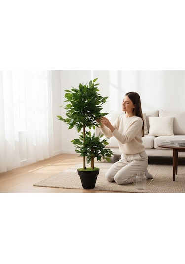 Yapay Çiçek Siyah Saksıda Benjamin Salon Balkon Ev Ağacı Yeşil Bitkisi Bambu Gövdeli Dolgun 105 Cm Yeşil