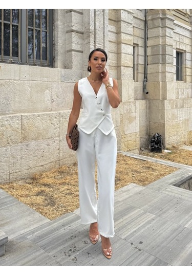 Ahes Shopping Kadın Sıfır Kollu Çapraz V Yakalı Önden Düğmeli Atlas Yelek Ve Pantolon Ikili Takım Beyaz