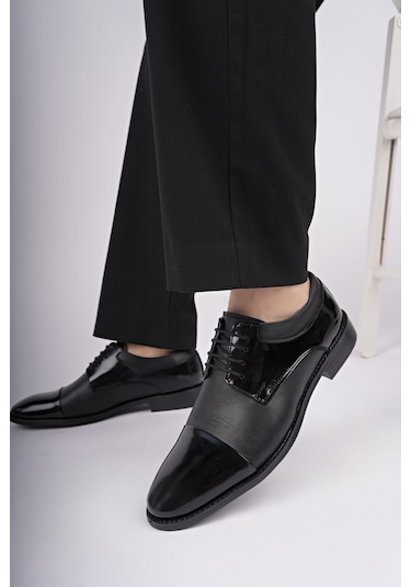 Muggo Mitkov Hakiki Deri Klasik Günlük Ortopedik Bağcıklı Erkek Ayakkabı Siyah