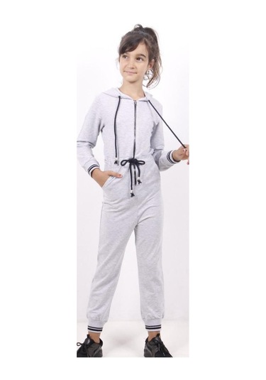Toontoy Kız Çocuk Beli Bağçıklı Kapşonlu Tulum Gri Melanj