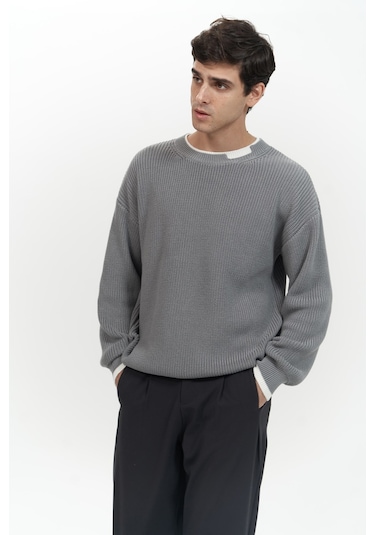 Carter Çift Yaka Detaylı Gri Erkek Triko Kazak Gri