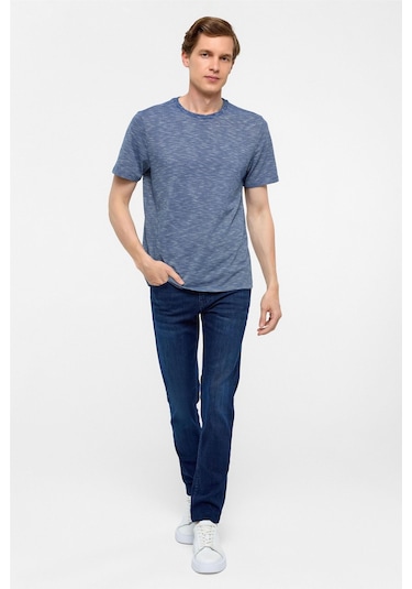 SÜVARİ Saks Mavi Regular Armürlü Bisiklet Yaka Tişört