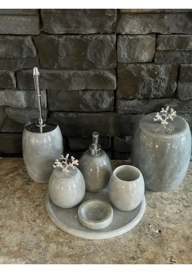 Gri Doğal Mermer Gümüş Mercan Aksesuarlı Oval 7,li Banyo Seti Beyaz