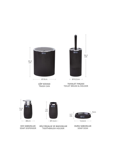 Okyanus Home Siyah Kromlu Çizgili Yuvarlak 5'Li Banyo Seti Siyah