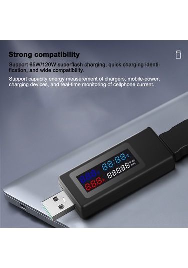 Jeemson Usb Test Cihazı 120w, 6 Fonksiyonlu Voltaj/akım/güç/süre/kapasite , Ips Renkli Ekran, 65w/120w Süper Şarj Desteği, Beyaz
