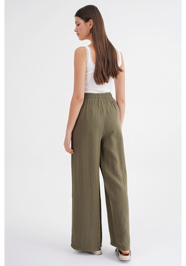 4286 Kadın Bol Paça Beli Lastikli Müslin Palazzo Pantolon Haki Haki