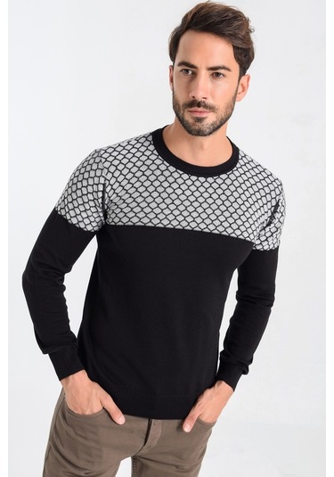 Heyss Bisiklet Yaka Petek Örgü Siyah-Ekru Erkek Triko Kazak Siyah