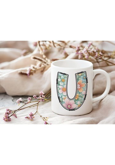 U Harfli Pastel Çiçek Desenli Kahve Kupası - Kişiye Özel Çiçekler Koleksiyonu Bardak - Hediye Beyaz