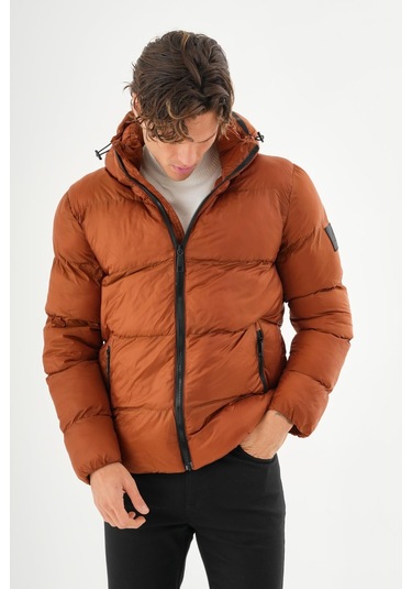 Erkek Kapüşonlu Fermuarlı Cepli Kışlık Şişme Kısa Mont KİREMİT