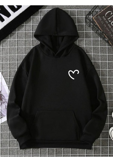 Yarım Kalp Sweatshirt - Siyah Baskılı Oversize Kışlık Kalın Kapüşonlu Siyah