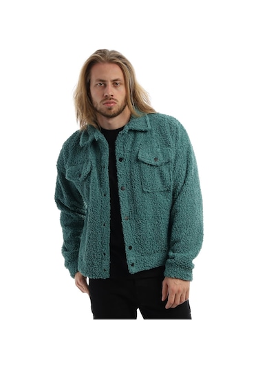 Erkek Kıvırçık Peluş Cıt Cıt Kapamalı Ceket Petrol