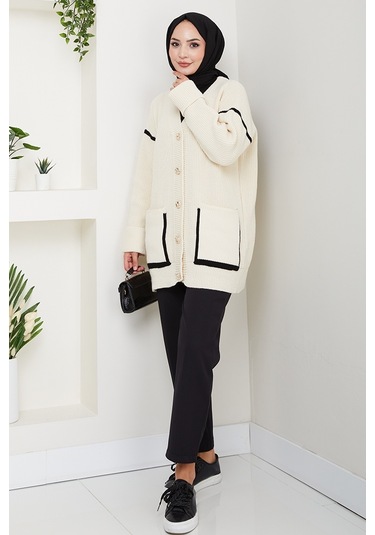 İlge Düğmeli Triko Hırka 1597 - Ekru Ekru