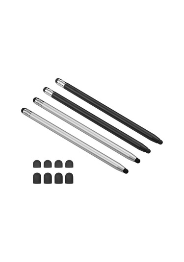 Moveevo 4 Adet Metal Stylus Kalem - Çift Uçlu Silikon Uçlu Dokunmatik Kalemler - Telefon Ve Tablet İçin Hassas Dokunma - 2 Siyah 2 Gümüş