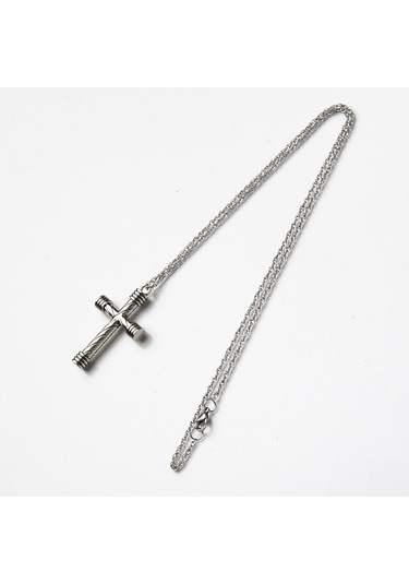 Çizgi Desenli Silindir Haç Işareti Erkek Kolye Çelik Takı K24 T5 Çelik