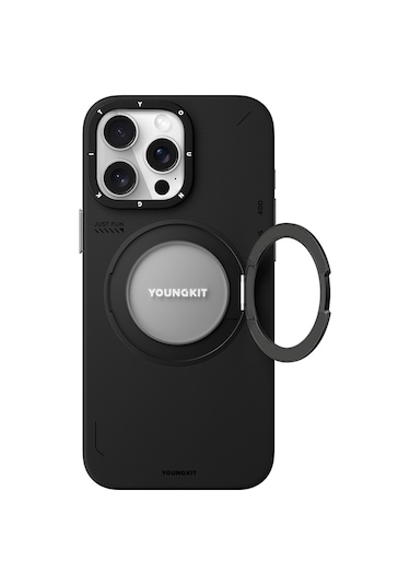 iPhone Uyumlu 15 Pro Max Kılıf Magsafe Özellikli 360 Standlı Deri Desenli Youngkit Tech Leather Seri Siyah