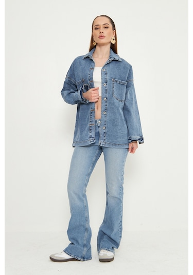 Oversize Kadın Jean Ceket Effect Orta Mavi