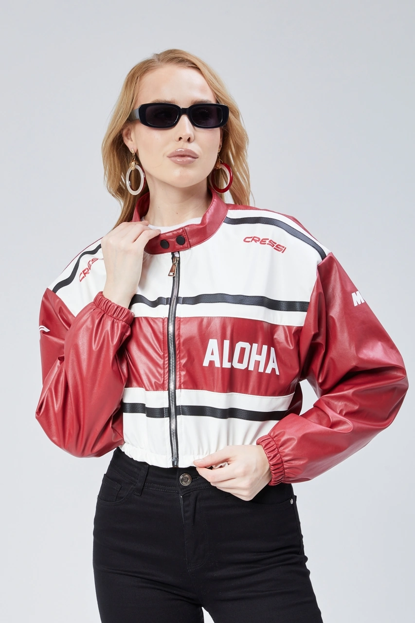 Kadın Deri Baskılı Şeritli Ceket Beli Ve Kolu Lastikli Kolej Hakim Yaka Bomber Yarışçı Motorcu Mont Kırmızı