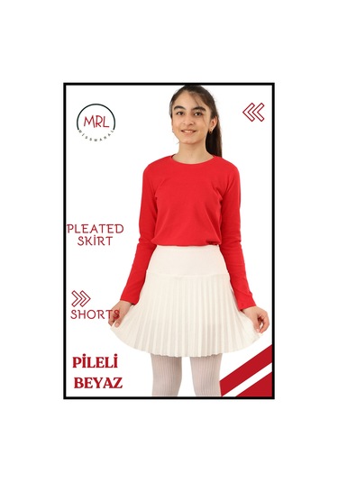 Kız Çocuk Pilel Ekru / Beyaz Etek Yüksek Bel Içi Şortlu Likra Kumaş Okul-oyun-spor-etkinlik Eteği 4103 Ekru/ Beyaz