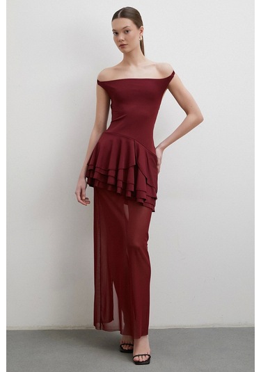 Boyun Askılı Fırfırlı Tül Elbise Bordo Bordo