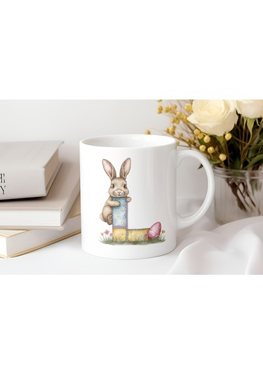 L Harfli Tavşan Kupa - Patchwork / Yamalı Desenli İsme Özel Kupa - Pastel Vintage Tarz Hediyelik 07 Beyaz