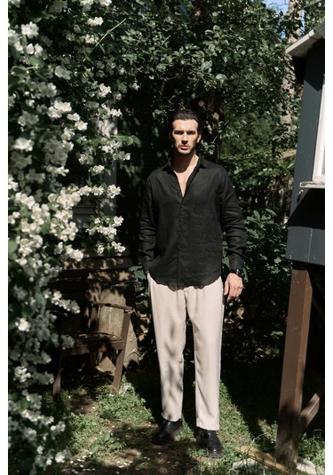 Mai Collection Mai Studios Co. Ombretta Siyah Keten Oversize Erkek Gömlek Siyah