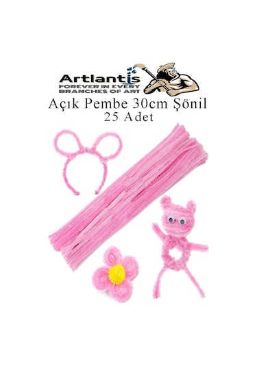 Şönil 30 Cm 25 Li 1 Paket Renkli Tüylü Tel Okul Öncesi Anasınıfı Kreş Hobi Eğitici Şönil Pipo Temizleyici Tüylü Tel Açık Pembe
