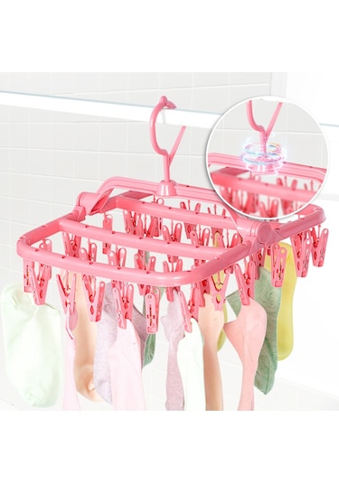 Katlanabilir Taşınabilir Çamaşır Mandalı Ve 32 Klipsli Çamaşır, İç Çamaşırı, Çorap Kurutma Askısı Pembe Diğer