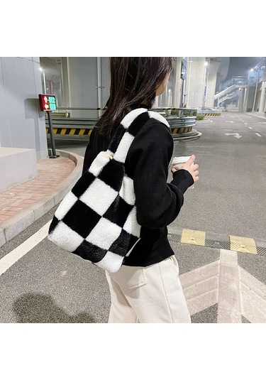 Peluş Kabarık Taşıma Çantası Büyük Kapasiteli El Çantaları Ve Siyah