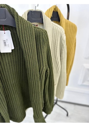 Elku Moda Hırka Kalın Örgü Şal Yaka Cepli Panço Triko Hırka Yeşil