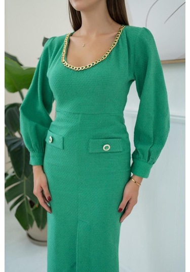 Yeşil Geniş Boğazlı Elbise Yeşil