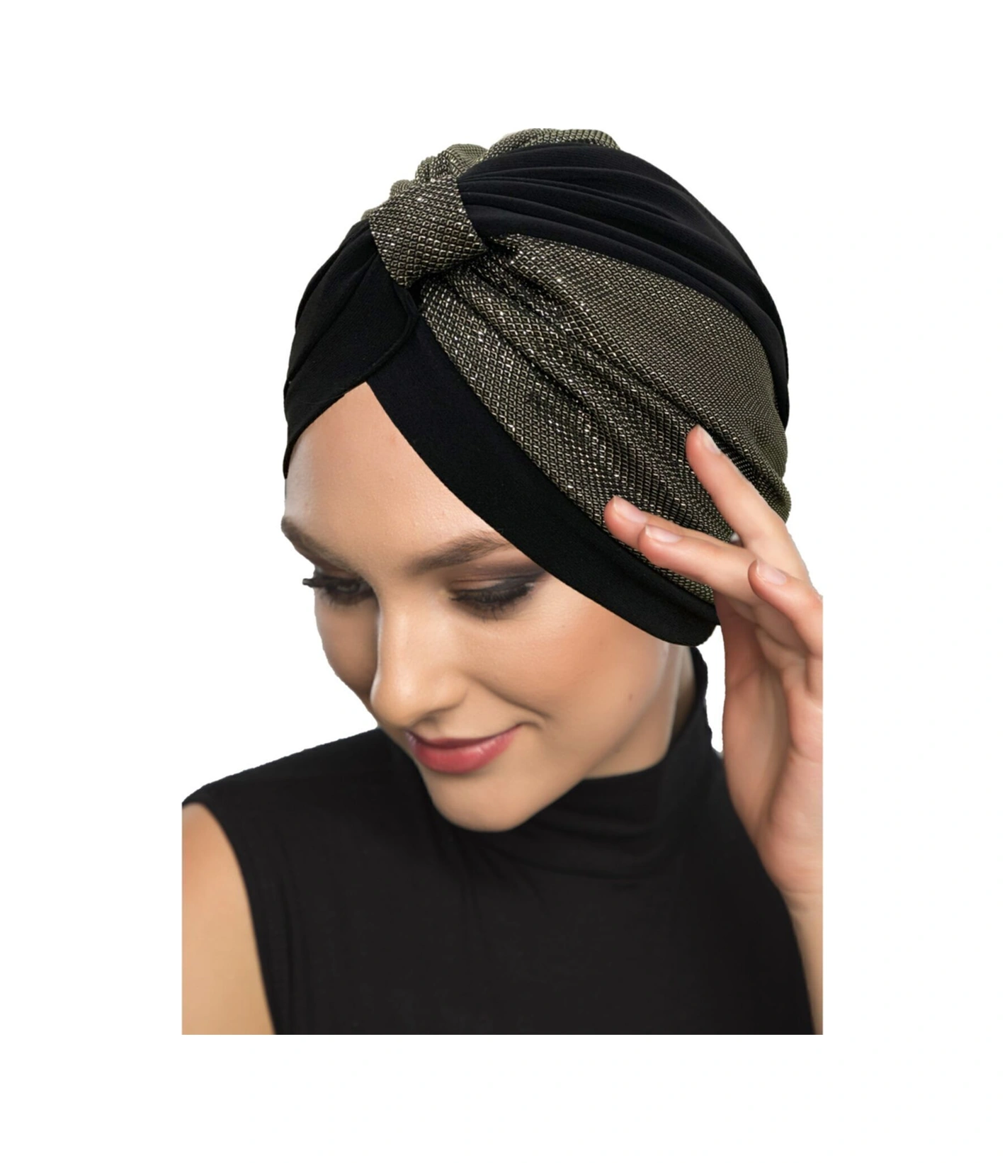 Özel Tasarım Siyah Üzeri Siyah-altın Pike Desenli Astarlı Hazır Türban Tesettür Abiye Bone Siyah18