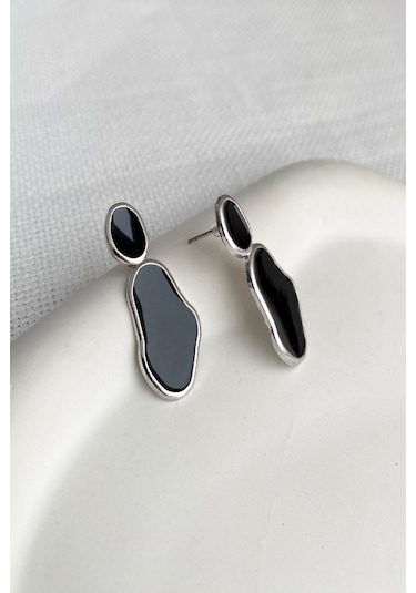 Kadın Küpe Soyut Tasarım Siyah Taş Küpe 001