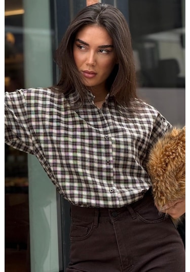 Madmext Camel Oversize Kareli Kadın Gömlek Mg2822