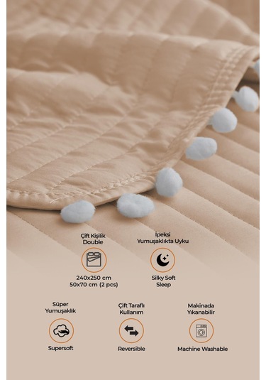 Evlen Home Collection Ponponlu Çift Kişilik %100 Pamuk Yatak Örtüsü Pike Takımı Bej