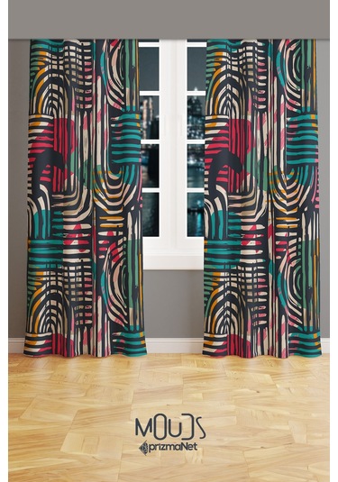 Renkli Fırça Desenli Süet Oturma Odası Salon Fon Perde Baskılı Ekstrafor Büzgü 2 Kanat Prd-1075 Çok Renkli