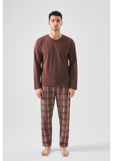 Erkek Pamuklu Uzun Kollu Ekose Desenli Pijama Takımı Ke77614 Kahverengi