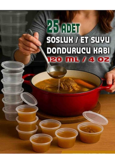 25 Adet 120 Cc Kapaklı,sızdırmaz,tekrar Kullanılabilen Sos Kabı,et Suyu Kabı,saklama Kabı Şeffaf