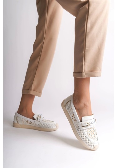 Lızy Bağcıksız Ortopedik Rahat Taban Çiçek Desenli Babet Ayakkabı Kt Beyaz Beyaz