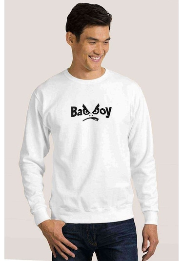 Bad Boy Baskılı Beyaz Erkek Örme Sweatshirt