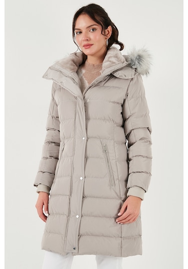 Lela Regular Fit Çıkarılabilir Kapüşonlu Fermuarlı Cepli Şişme Bayan Mont 497Emily Taş